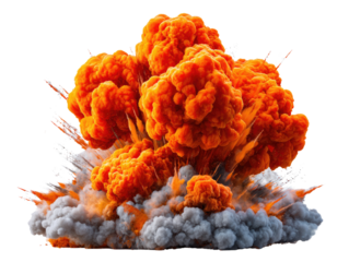 Explosion of Orange: Capturing the intense energy and spectacle of a dynamic explosion, this photorealistic image is filled with fiery orange and grey clouds. It showcases power and force.