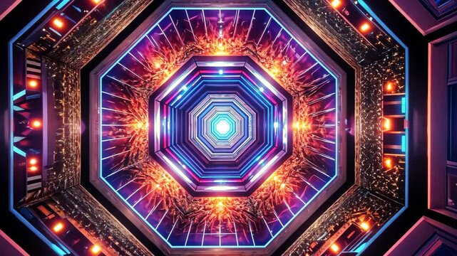 Hypnotic Octagonal Tunnel of Neon Lights and Fiery Energy
