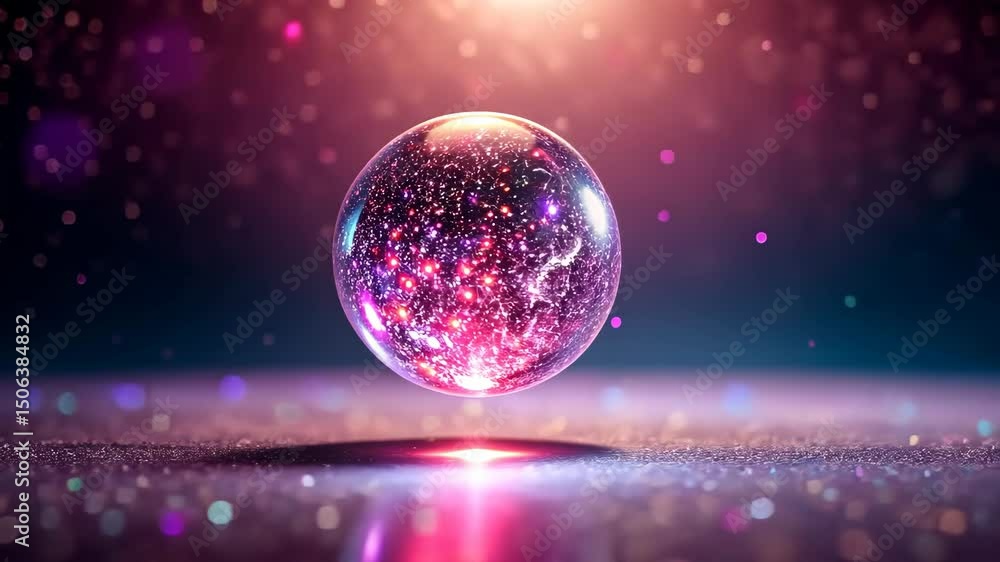 Wall mural a mesmerizing transparent sphere with glowing particles hovers above a sparkling surface with shimme