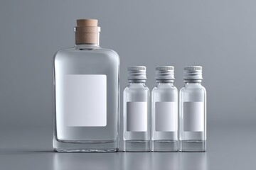 A large clear bottle with a cork stopper and blank label stands beside three smaller, similarly styled bottles with blank labels, all on a gray background