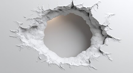 A large, circular hole violently ripped through a white wall, showing jagged edges and inner depth; subtly lit