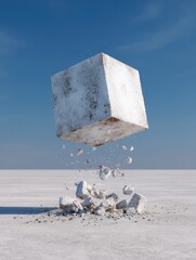 A large, weathered white cube floats above a desolate, white landscape, crumbling into smaller pieces that fall onto the ground below, against a clear blue sky