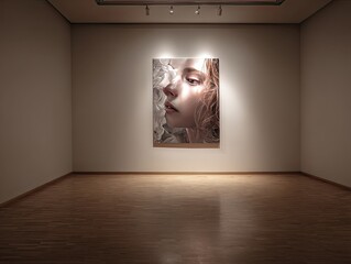A large-format portrait of a young woman with flowing, light hair, subtly lit, hangs in a minimalist gallery space with hardwood floors