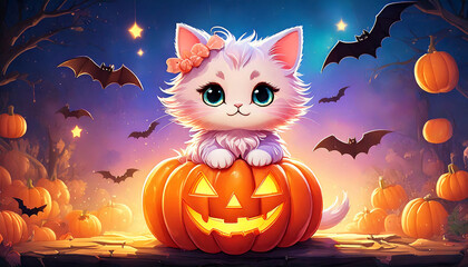 ハロウィンの子猫、ジャックオランタンと猫、ファンタジーなハロウィン、コウモリとカボチャ、かわいい仮装の猫、魔法の夜の風景、ハロウィンの森、キュートなハロウィンイラスト、光るかぼちゃと動物、秋の夜と子猫
