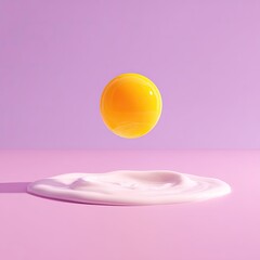 A levitating, luminous yellow sphere hovers above a creamy white puddle on a pale purple background.  The scene is minimalist and subtly lit
