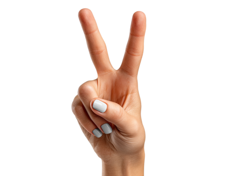 Victory Hand Sign: A woman's hand flashes the victory sign, fingers extended in a bold symbol of peace and positivity. - Powered by Adobe