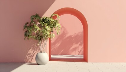 A light pink wall features a rounded archway, with a potted plant casting shadows.  Minimalist, sunlit scene