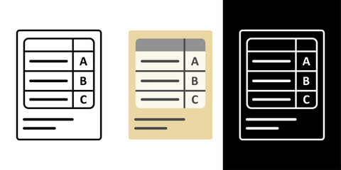 Transcript document icon with grade table in outline, dark mode, and color styles for academic and educational use.