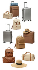 Collection of Luggage Bags Suitcases Backpacks and Hats on Transparent Background