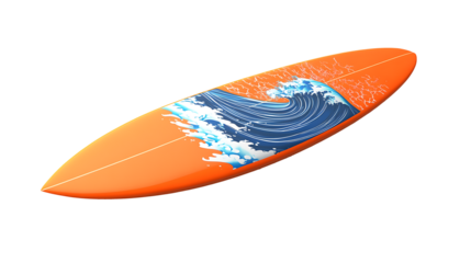 Bright 0range surfboard with wave art isolated on transparent background

