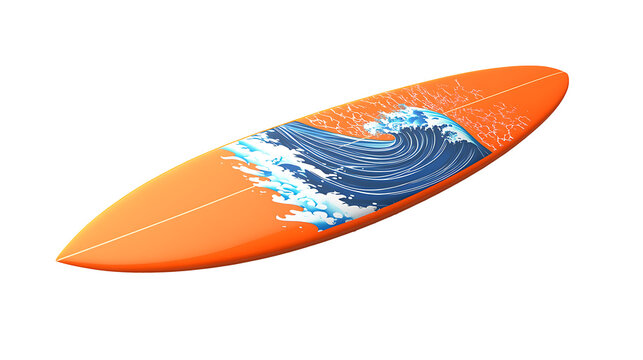Bright 0range surfboard with wave art isolated on transparent background

