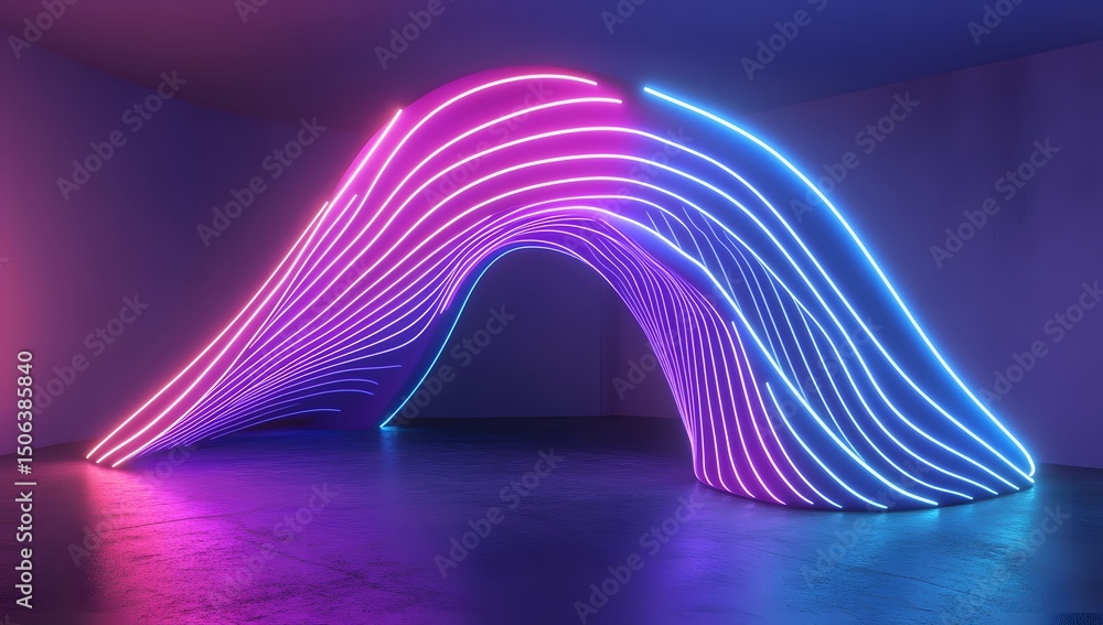 Poster 3d render abstract neon background with glowing wave shape.
