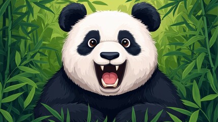 A cheerful cartoon panda surrounded by green bamboo in a lush forest setting.
