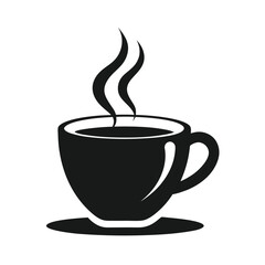 Black and white illustration of a steaming coffee cup on a saucer perfect for cafe logos or coffee shop branding.