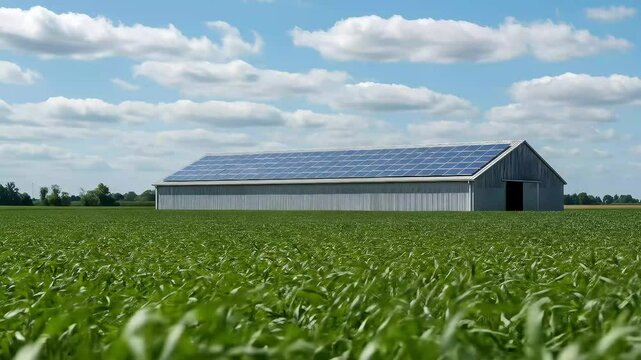 Solar panels on agricultural building roof. Renewable energy source, sustainable tech integrated with agriculture. Green tech innovation on farmland, generating clean electricity. Eco-friendly modern