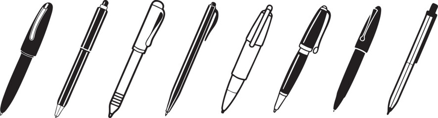 Set of hand-drawn sketch pens, ballpoint and ink pen icons in black and white, isolated vector illustration for stationery design.