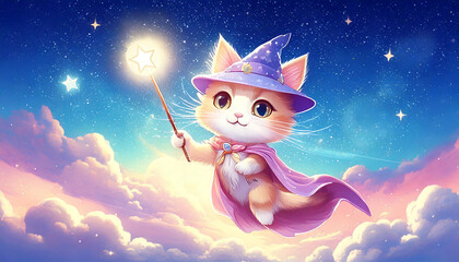 魔法使いの猫、星空を飛ぶ猫、ファンタジーの空、魔法の杖と猫、かわいい魔法使い、雲の上の冒険、星と猫のイラスト、夢の中の魔法、幻想的な夜空、空を舞う猫