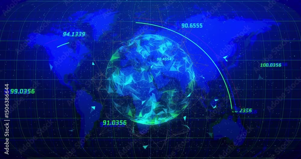Poster Fading in polygonal data globe rotating while neon green arcs tracing data flows for visualization