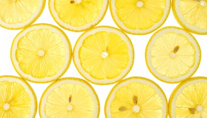 Juicy Lemon Slices Arranged in Overlapping Pattern with Juice Droplets on Isolated White Background
