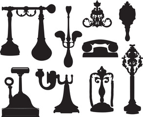 Antique Telephones & Ornate Decor Silhouette Vector Graphics - Vintage Design Elements