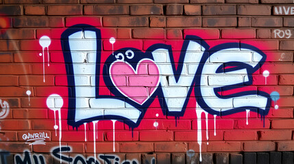 the word love graffiti style spray paint on a brick wall art urban grunt style