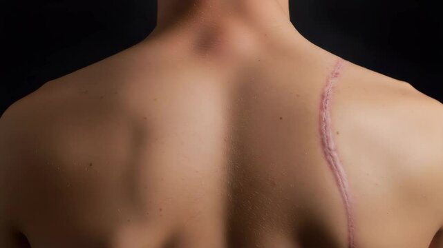 Close-up of human back with surgical scar on dark background  