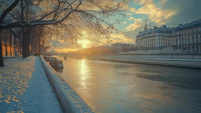 Snowy Seine River Scene at Sunrise in Paris, France, during Winter