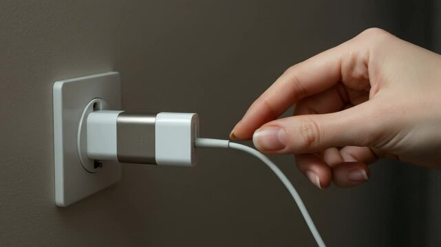 Hand plugging charger into wall socket at home during the day  