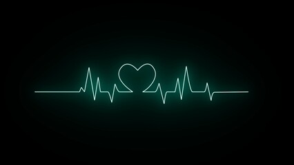 Neon digital heartbeat plus icon. Heartbeat pulse electrocardiogram rhythm on black background.