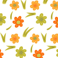 Cute Floral Pattern with Scattered Colorful Flowers and Leaves in Simple Style