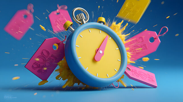 3D icon of a timer and exploding discount tags