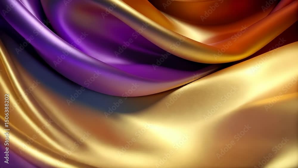Poster luxurious abstract background with flowing golden and violet draped satin fabric texture, creating e