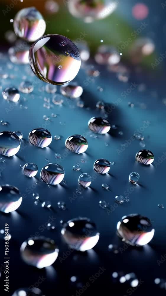 Poster macro photography showcasing a collection of clear water droplets reflecting light on a smooth, grad