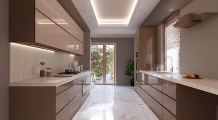 Modern kitchen with glossy taupe cabinets, marble flooring, and recessed lighting, showcasing a minimalist design with natural light from a French door