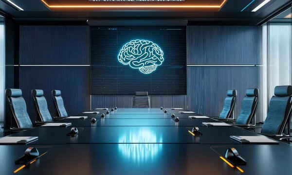 Modern meeting room interior with digital brain image