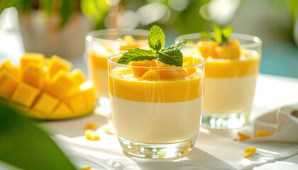 Fototapeta premium Creamy coconut mango panna cotta in glass cups with fresh mint garnish, beautifully styled and textured