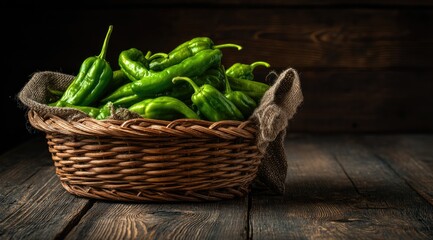 A wicker basket overflowing with vibrant green peppers, nestled in burlap, sits on a dark wooden surface against a rustic backdrop