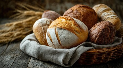 A wicker basket overflowing with various artisan breads, nestled on a rustic wooden surface, accompanied by wheat stalks.  