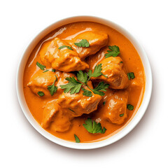 Chicken curry butter chicken in plate top view isolated on white background. Butter chicken curry with parsley in plate. 