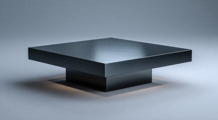 Sleek, square, black coffee table with a thick, polished top and a substantial, square base, subtly illuminated from below against a neutral backdrop