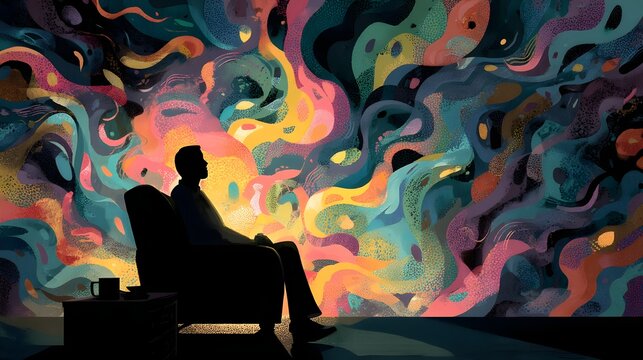 Person Sitting in a Dark Room Surrounded by Chaotic, Colorful Thought Patterns. Chaotic, Colorful Visualizations of the Mind