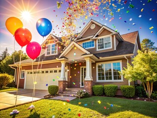 Happy Home Celebration with Colorful Balloons and Confetti
