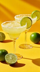 Fototapeta premium Two cool, refreshing margarita cocktails with lime and exotic tropical fruits against a yellow background are perfect for summer. vertical