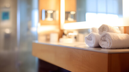 Obraz premium Modern bathroom vanity with fresh towels, showcasing minimalist elegance and serene comfort.