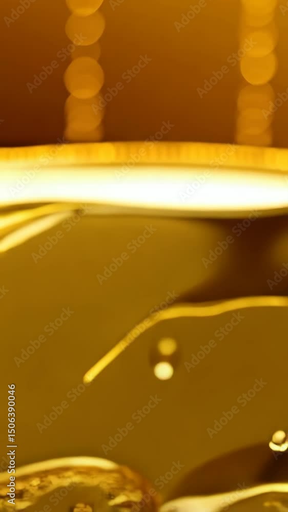 Poster macro shot showcasing viscous golden liquid creating abstract shapes with shiny highlights, creating