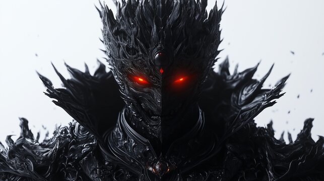 Dark god Moros deity of doom menacing stare intricate black armor glowing red eyes plain white background