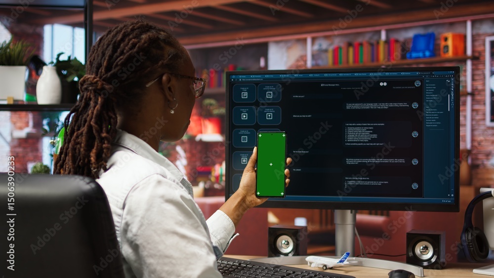 Aufkleber woman uses green screen phone, doing videocall in front of pc screen with ai llm chatbot answering p