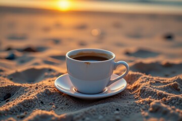 White Coffee Cup on Sandy Beach at Sunrise