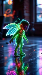 Glowing Green Fairy with Wings Reflecting on Dark Floor in Room