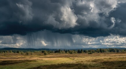 Dark, heavy storm clouds unleashing a torrential downpour over a flat, grassy expanse of land, with a distant line of dark trees under a dramatic sky